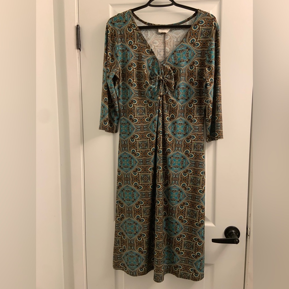 Chic V-Neck Long Sleeve Dress in Teal and Brown